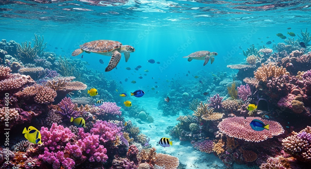 Fototapeta premium Underwater scene with colorful coral reefs, tropical fish, sea turtles, and clear blue water, vibrant and peaceful atmosphere, realistic style, bright natural light