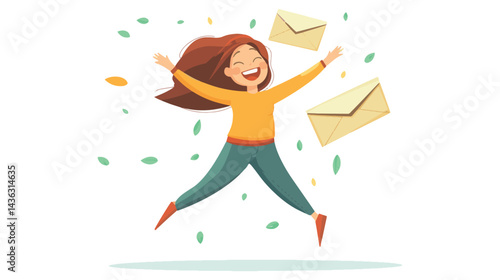 vector young woman jumping with envelope