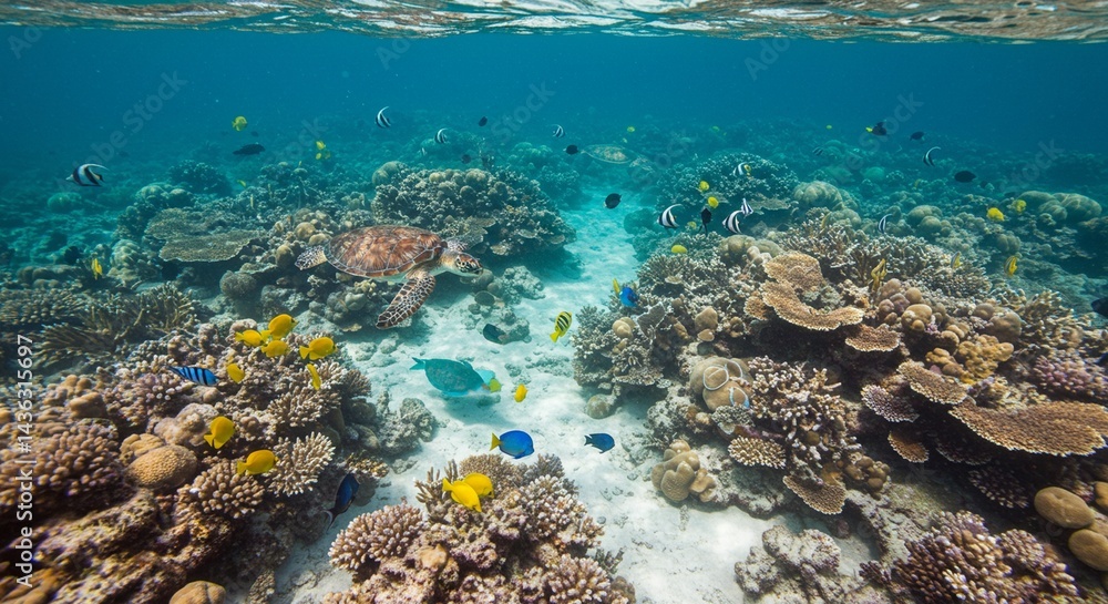 Fototapeta premium Underwater scene with colorful coral reefs, tropical fish, sea turtles, and clear blue water, vibrant and peaceful atmosphere, realistic style, bright natural light