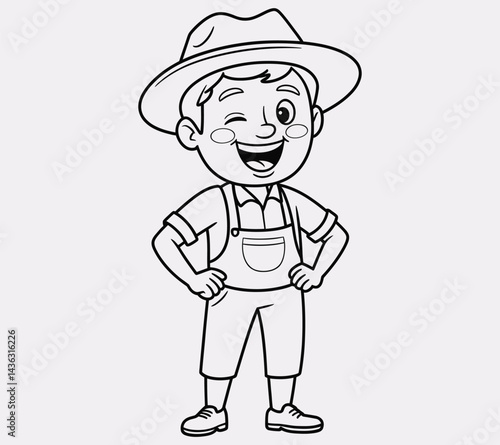 Playful line drawing of a laughing farmer outlined in bold black vector lines