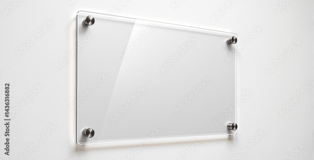 Blank transparent acrylic signboard with stainless steel mounts on clean white wall background, minimal business signage concept. Ai generative Blank transparent acrylic signboard with stainless steel mounts on clean white wall background, minimal business signage concept. Ai generative