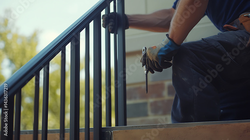 Obraz na płótnie Worker Installing Metal Handrail on Outdoor Stairs w salonie