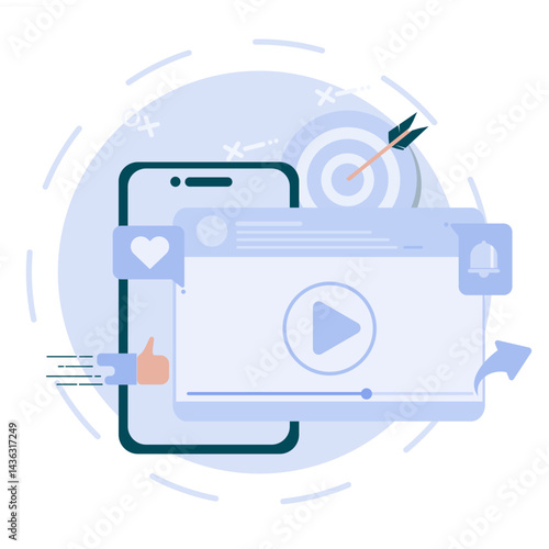 Video marketing illustration. The concept of video content monetized on social networks and digital video advertising.