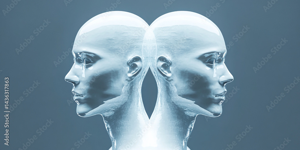 Two translucent human head models facing opposite directions on a gray background design element Two translucent human head models facing opposite directions on a gray background design element
