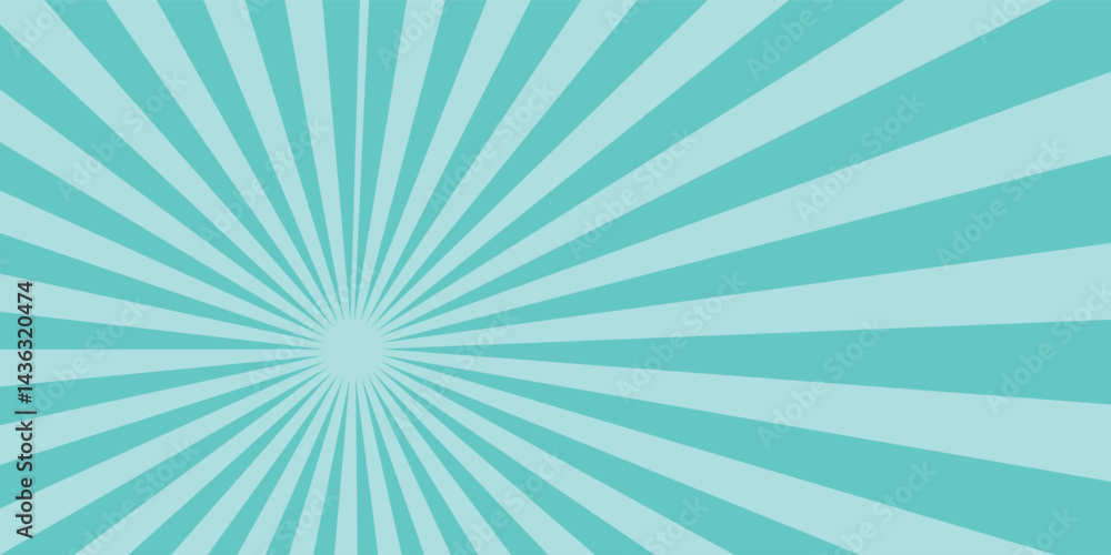 Fototapeta premium Blue sun ray background. Radial beam sunrise or sunset light retro design illustration. Aqua blue sunburst glowing background.