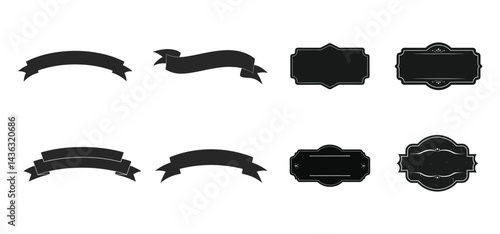 Vector set of black and white ribbons banner, vintage panel vector isolated on white background.