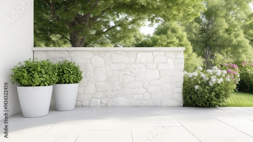 Outdoor patio area with stone wall and greenery