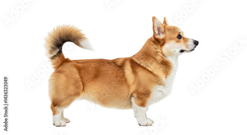 Alert Pembroke Welsh Corgi dog stands in side profile with a confident posture, showing its characteristic short legs and fluffy tail (if present). Isolated on white.
