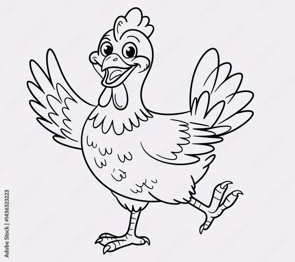 Playful line drawing of a laughing chicken, outlined in bold black vector lines. With no background, the cheerful design invites children to color and bring the lively character to life. Playful line drawing of a laughing chicken, outlined in bold black vector lines. With no background, the cheerful design invites children to color and bring the lively character to life.