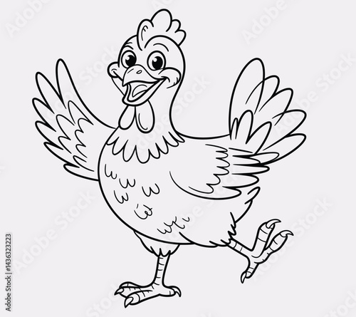 Playful line drawing of a laughing chicken, outlined in bold black vector lines. With no background, the cheerful design invites children to color and bring the lively character to life.