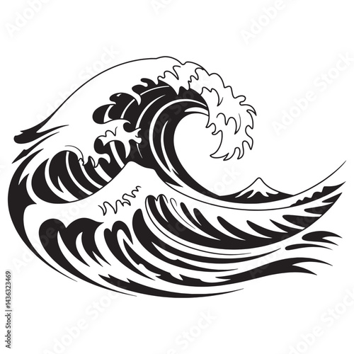 
This artwork presents a bold, stylized depiction of an ocean wave, using dynamic black shapes and clean negative space to create an energetic and powerful form