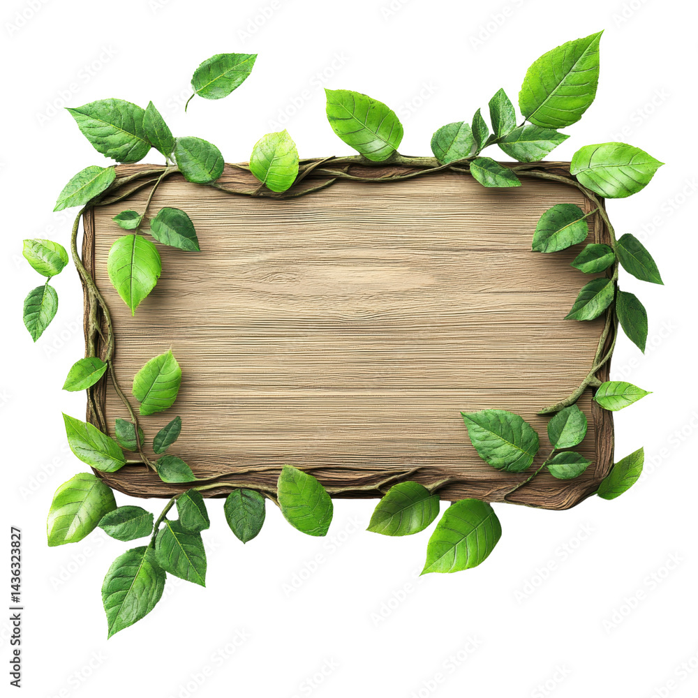 Wooden Sign with Vines: A rustic wooden sign, adorned with vibrant green vines and leaves, offers a natural and inviting blank space for your message. Wooden Sign with Vines: A rustic wooden sign, adorned with vibrant green vines and leaves, offers a natural and inviting blank space for your message.