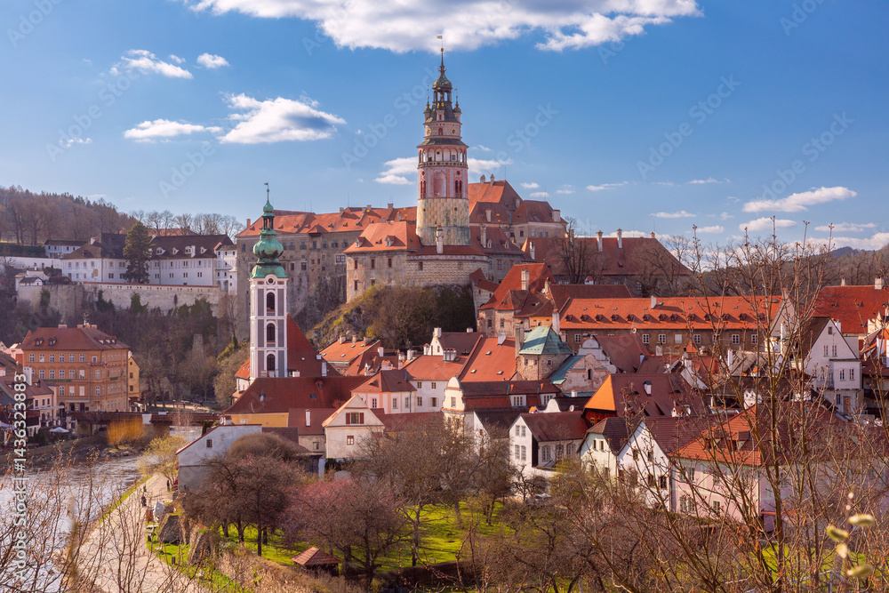 Scenic view of Cesky Krumlov cityscape with historic architecture in Cesky Krumlov, Czech Republic