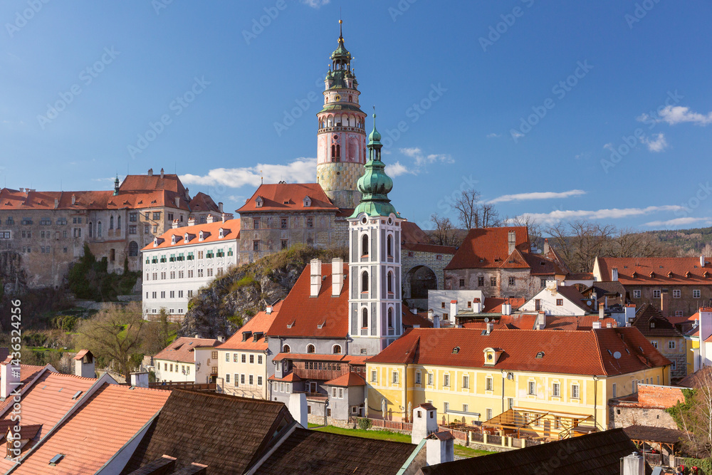 Scenic view of Cesky Krumlov cityscape with historic architecture in Cesky Krumlov, Czech Republic