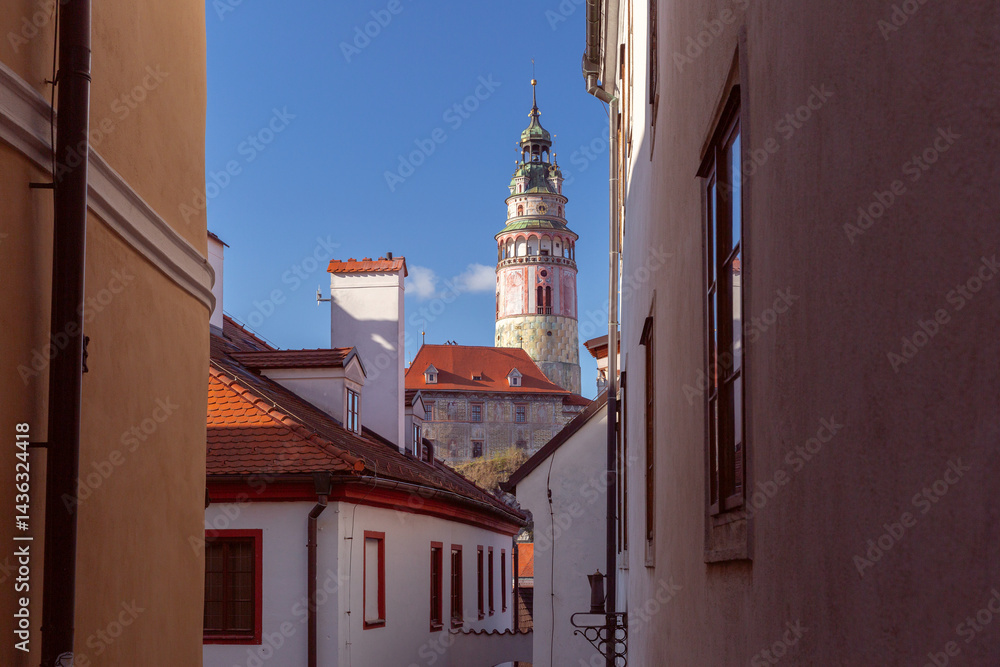 Narrow street view with historic architecture in Cesky Krumlov, Czech Republic