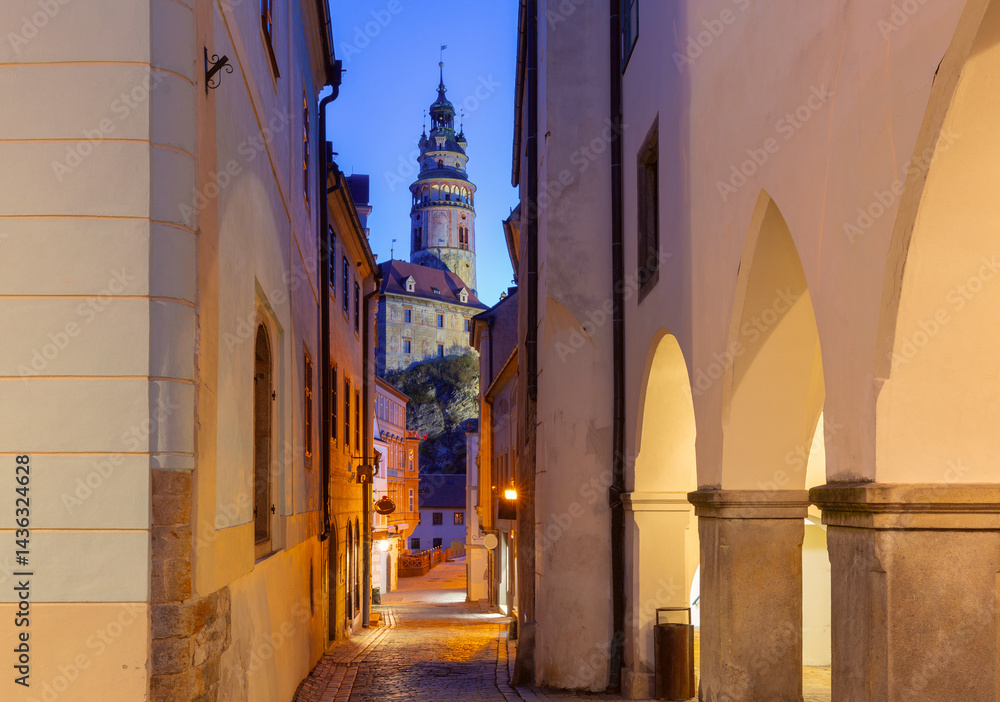 Narrow street view with historic architecture in Cesky Krumlov, Czech Republic