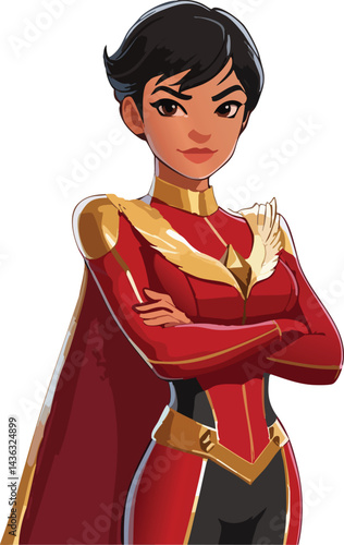 A determined superheroine stands confidently with arms crossed. She wears a red and gold suit with a star emblem on her chest, suggesting strength and leadership.


