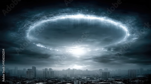 Fototapeta Naklejka Na Ścianę i Meble -  Apocalyptic skyline adorned with a massive glowing ring space station at twilight