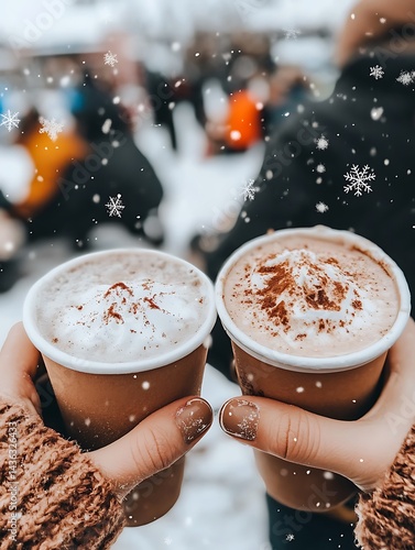 Close up view of two hands holding disposable cups of hot chocolate topped with whipped cream and cocoa powder. The background is blurred, showing a snowy winter scene with people and falling