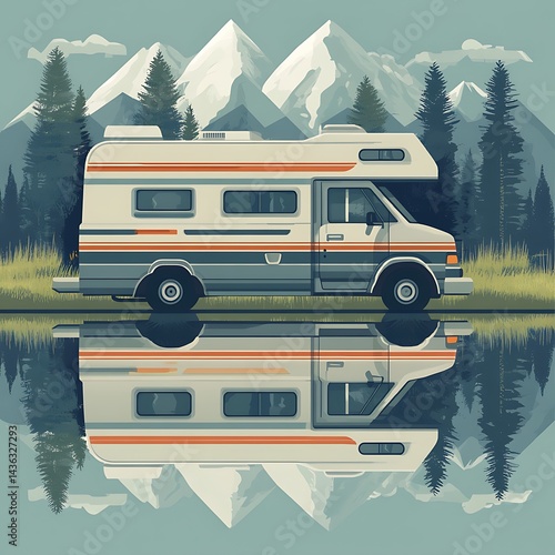 Wallpaper Mural Pixel art illustration of a vintage camper van parked by a calm lake, reflecting the snowy mountain range and pine trees in the background. The color palette is muted and serene with cool blues and Torontodigital.ca