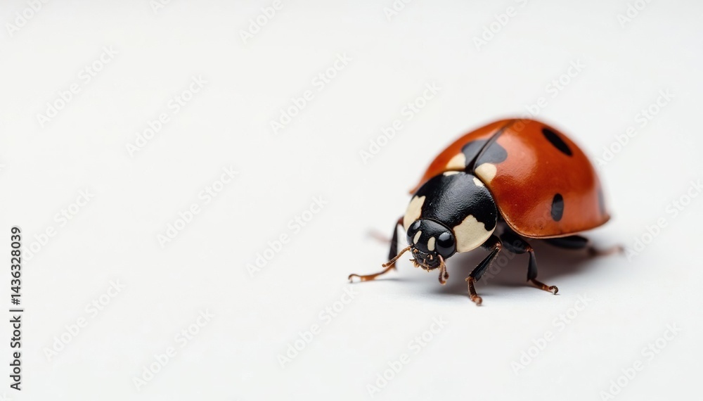 Fototapeta premium Close-up of single ladybug on white background, wings, high resolution