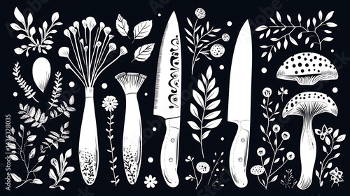 White line art illustration on black background featuring various kitchen knives, vegetables, mushrooms, and floral elements. Simple, hand drawn style