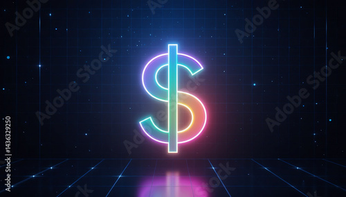 Illustrations depict the dollar symbol, a sign of USA currency and financial business, against blue, black, and dark backgrounds, suggesting concepts of money, wealth, and investment