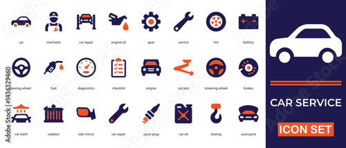 A professional and versatile vector icon set featuring essential elements of car service and maintenance. Includes icons for repairs, diagnostics, engine oil, tires, batteries, towing, and auto parts.