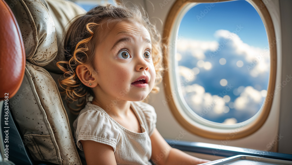 Portrait of surprised little girl in airplane near window
