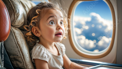 Obraz na płótnie Portrait of surprised little girl in airplane near window w salonie