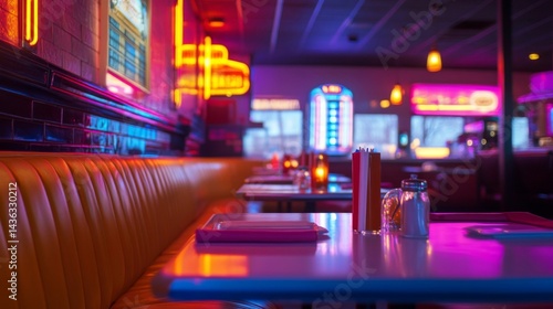 Retro Diner Interior with Neon Lights at Night