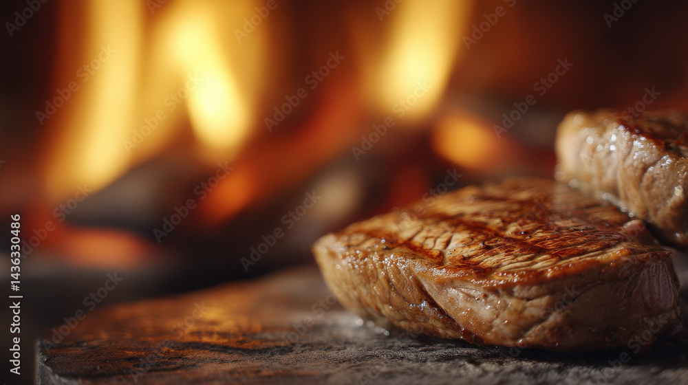 Juicy argentinian beef steak sizzling over an open flame, showcasing the grilling process with smoky ambiance and vibrant colors surrounding the meat Juicy argentinian beef steak sizzling over an open flame, showcasing the grilling process with smoky ambiance and vibrant colors surrounding the meat