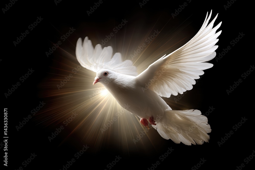 Fototapeta premium White dove soars gracefully through radiant light, embodying the spirit of peace and hope