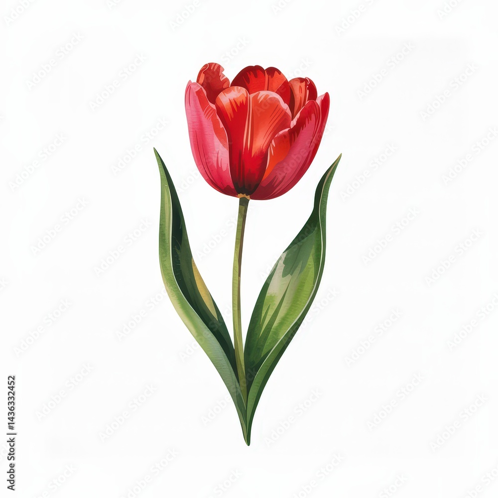 Lovely Watercolor Illustration of a Vibrant Red Tulip With Green Leaves on a Blank Background Lovely Watercolor Illustration of a Vibrant Red Tulip With Green Leaves on a Blank Background