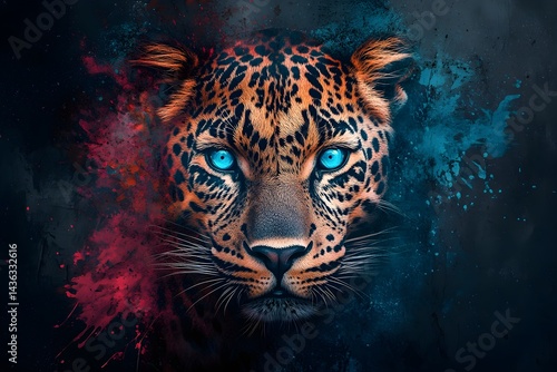 A digital artwork of a leopard with radiant blue eyes set against a vivid, abstract background of dark teal and crimson splashes. 