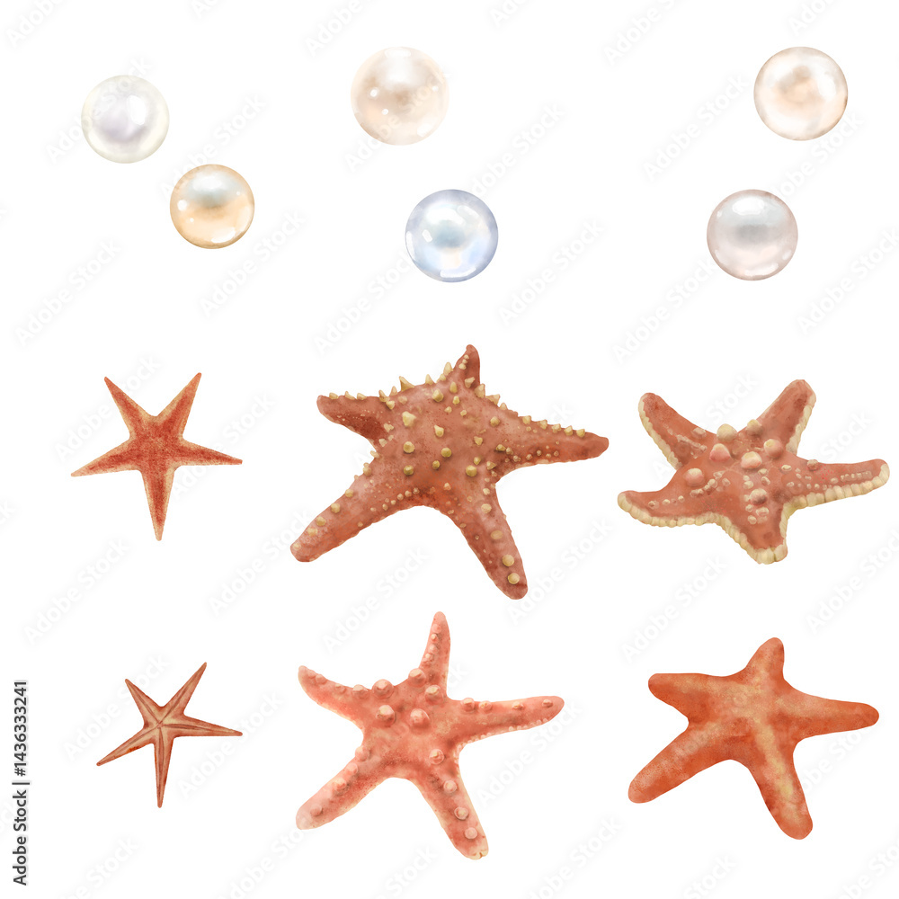 Oceanic stars and natural pearls from the bottom of the sea. Watercolor illustration. A set of red starfish of different shapes and pearls of the underwater world, isolated on a white background Oceanic stars and natural pearls from the bottom of the sea. Watercolor illustration. A set of red starfish of different shapes and pearls of the underwater world, isolated on a white background