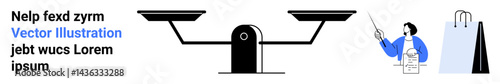 Balance scale representing comparison or decision-making, person with checklist presenting, shopping bags symbolizing commerce and transactions. Ideal for evaluation, justice, business, retail