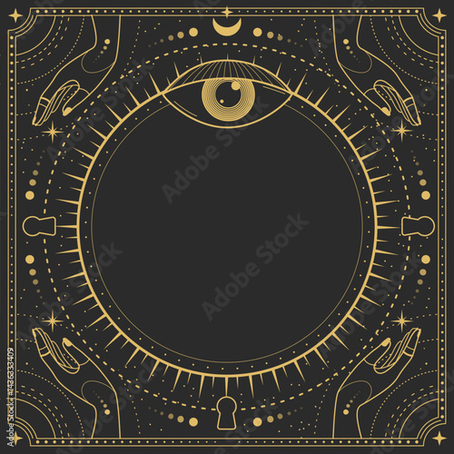 Modern magic witchcraft round astrology frame with all-seeing eye, stars, hands, sun and moon on black background. Line art occult vector illustration