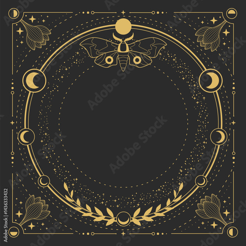 Modern magic witchcraft round astrology frame with moon phases, butterfly, flowers, stars, sun and moon on black background. Line art occult vector illustration