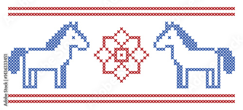  Cross-Stitch Pattern of Two Horses in Red and Blue — Folk Design for Knitting, Embroidery & Year of the Horse Celebrations 