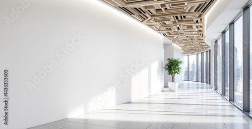Modern office hallway with geometric wooden ceiling panels  minimalist design on bright white background  concept of contemporary workspace  Ai generative