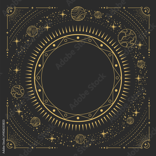 Modern magic witchcraft round astrology frame with galaxy, stars, planets, sun and moon on black background. Line art occult vector illustration