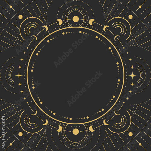 Modern magic witchcraft round astrology frame with galaxy, stars and moon phases on black background. Line art occult vector illustration