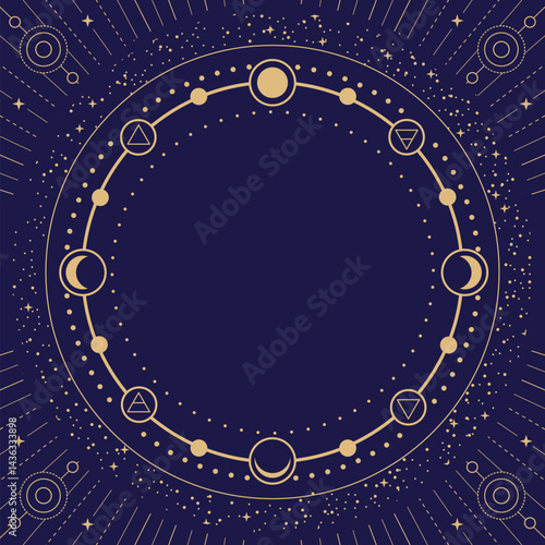 Modern magic witchcraft round astrology frame with Four elements, stars, sun and moon on blue background. Line art occult vector illustration