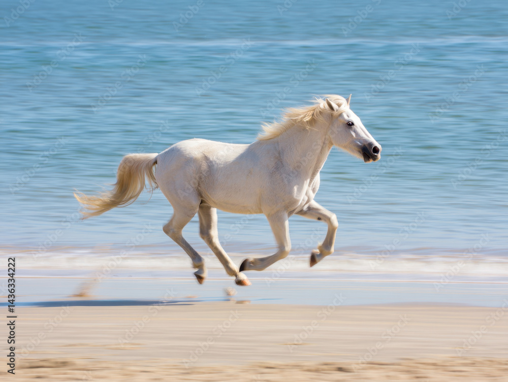 Obraz premium Powerful White Horse in Motion on a Sunny Beach.
