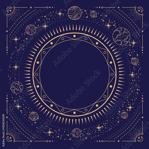 Modern magic witchcraft round astrology frame with galaxy, stars, planets, sun and moon on blue background. Line art occult vector illustration