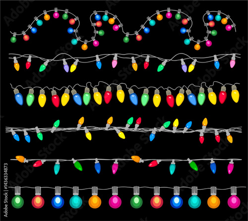 Set of Christmas lights border. Multicolored bulbs on strand seamless horizontal pattern. Vector illustration isolated on black background. Trendy design for New Year, Xmas card, invitation, banner.