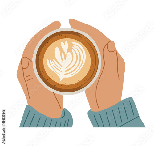 Woman hands holding cup with coffee, cappuccino, latte top view. Hot drink and beverage above view. Cacao, espresso coffee with foam. Flat vector cartoon illustration on white background.