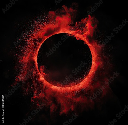 Fiery red powder explosion framing a dark circle
