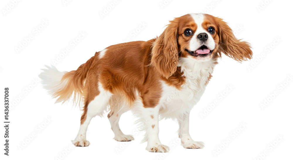 Playful Cavalier King Charles Spaniel stands with a wagging tail and bright, happy eyes. Friendly toy spaniel isolated on a white background. Playful Cavalier King Charles Spaniel stands with a wagging tail and bright, happy eyes. Friendly toy spaniel isolated on a white background.